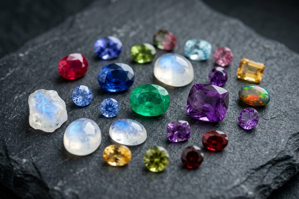 Collection of faceted colored gemstones arranged for comparing durability