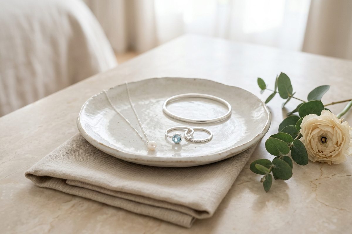 Sterling silver jewelry and gemstones resting on clean linen and ceramic tray