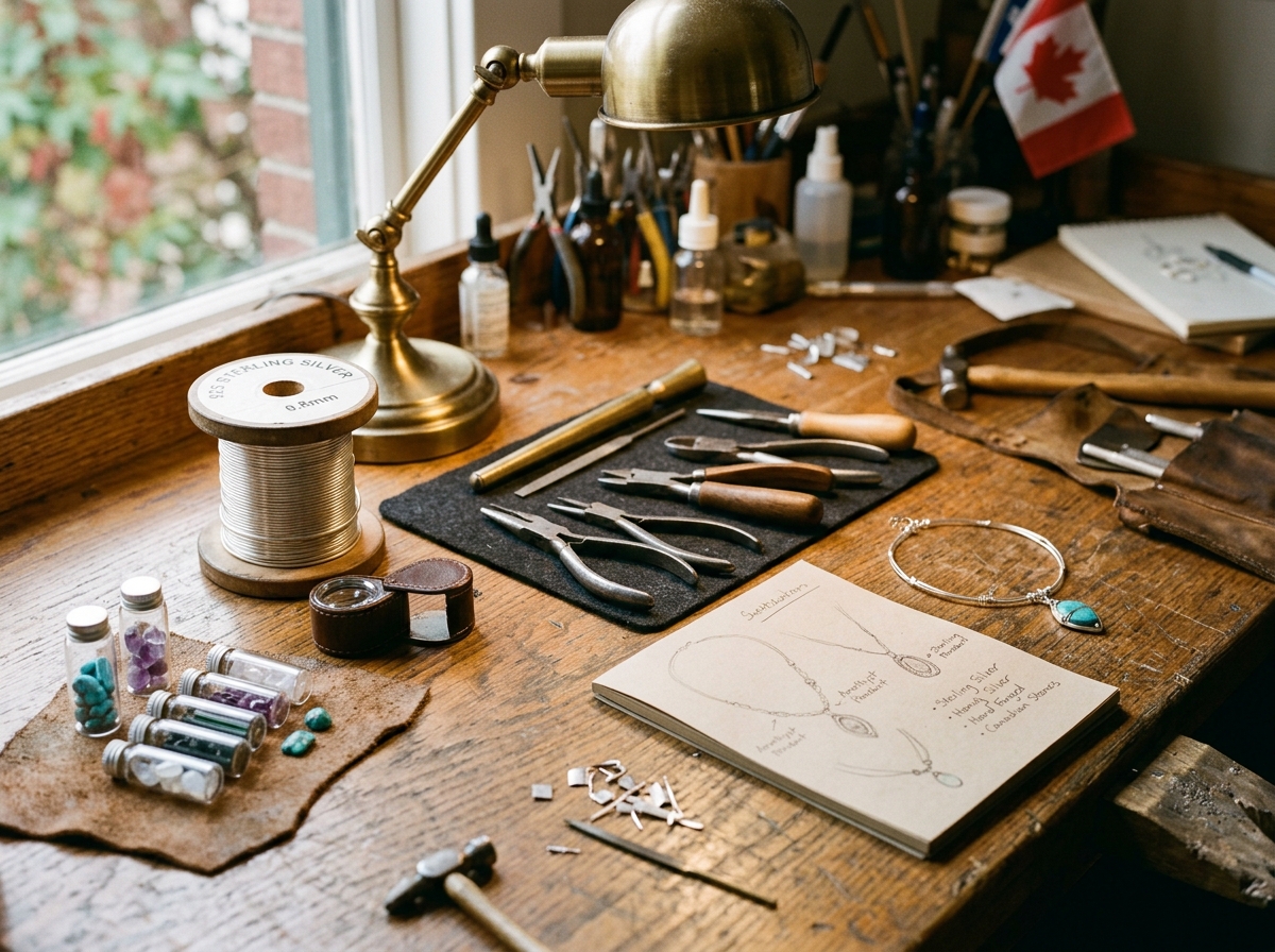 Artisan jeweler's workbench with pliers, silver wire, and gemstones in Canada