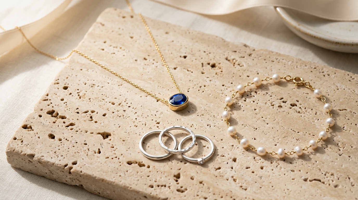 Fine gemstone pendant, pearl bracelet, and handcrafted silver rings